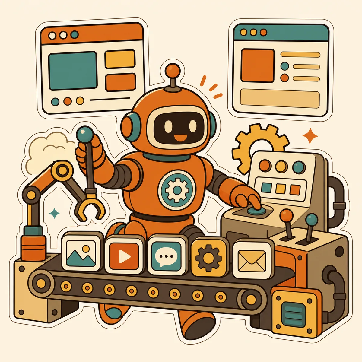 Orange Factory — 一隊 AI agent 喺自動化工場砌嘢嘅插畫